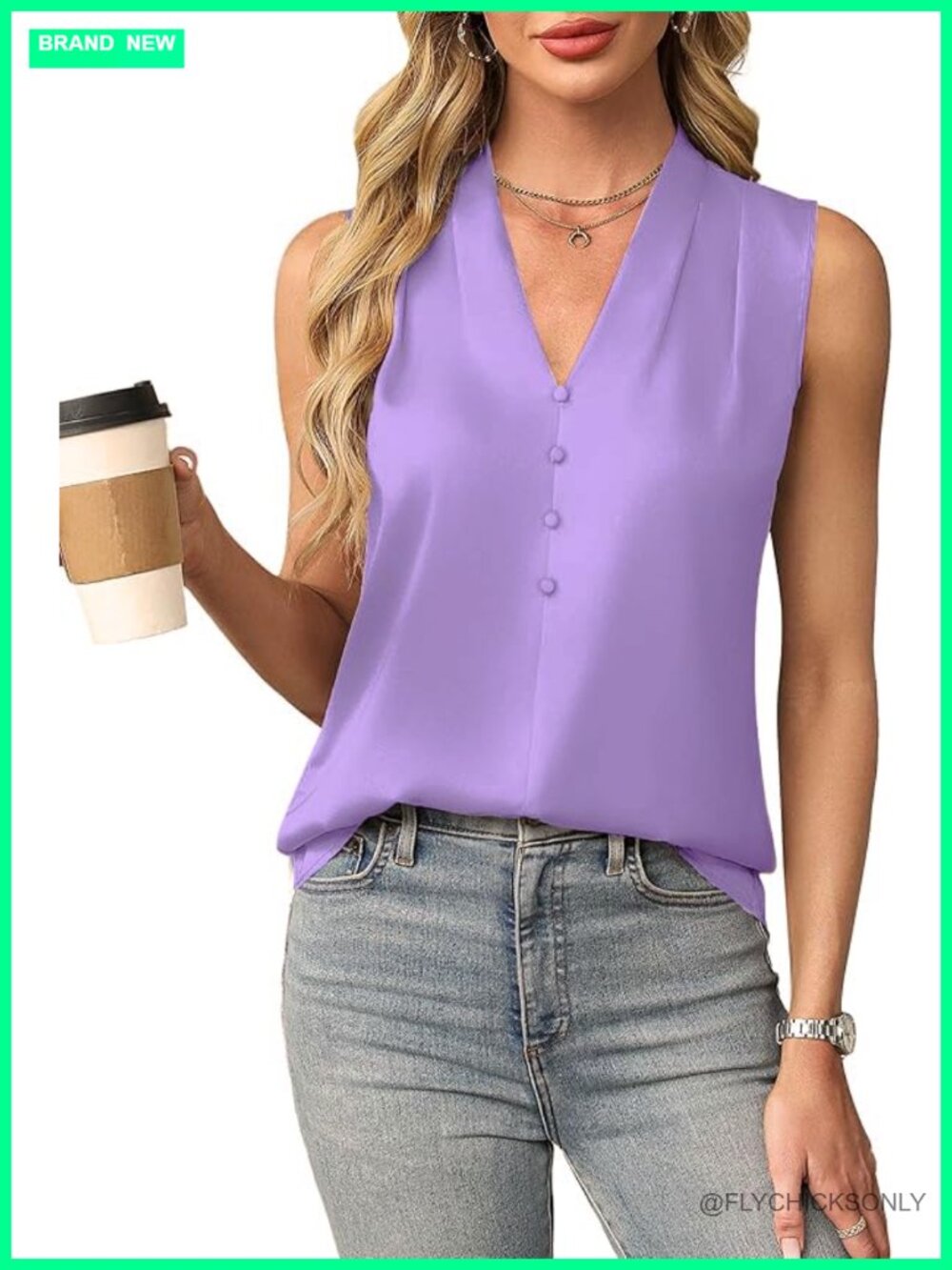 Satin V-Neck Button Front Tank Top Sleeveless Work Blouse Business Casual